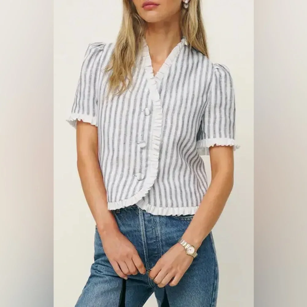 Reformation Bess White & Gray Striped Ruffle-Trim Short Sleeve Linen Blouse